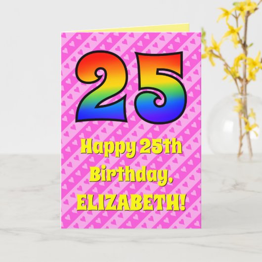 25e verjaardag: Roze strips & harten, regenboognr. Kaart (Gele Bloem)