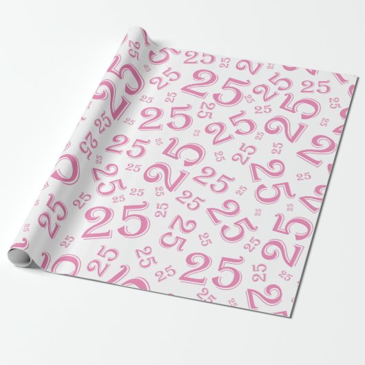 25e verjaardag Roze/White Random Number Pattern 25 Cadeaupapier (Uitgerold)