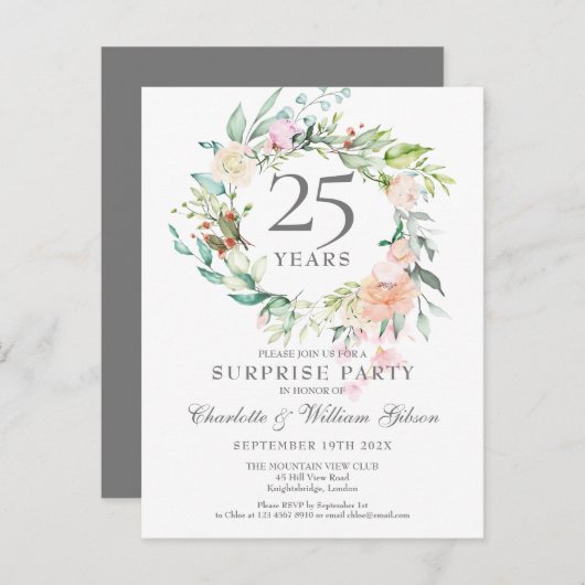 25e verjaardag Surprise Party Rozen Krans Aankondigingskaart (Voorkant / Achterkant)