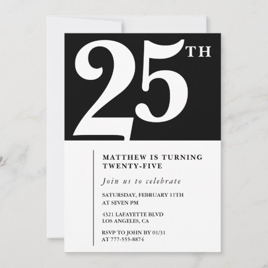 25e verjaardag uitnodigingen Black White Elegant (Voorkant)