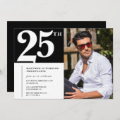 25e verjaardag uitnodigingen Black White Foto (Voorkant / Achterkant)