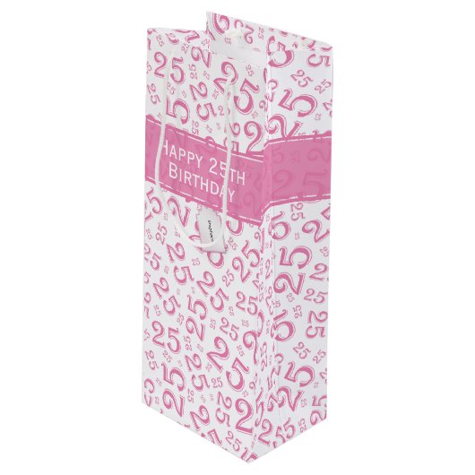 25e Verjaardag Willekeurig Nummer Patroon Roze/Wit Wijn Cadeautas (Voorkant Gekanteld)