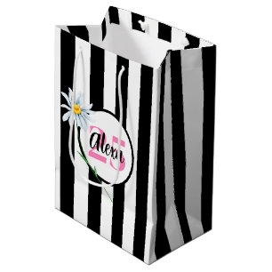 25e verjaardag Zwart en wit strepen Medium Cadeauzakje