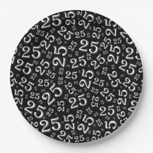 25e verjaardag zwart/wit Random Number Pattern Papieren Bordje