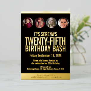 25e verjaardag zwarte en gouden fotocirkels folie uitnodiging