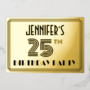 25e Verjaardagsfeest — Art Deco Stijl “25” & Naam Folie Uitnodiging
