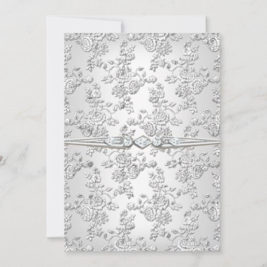 25e verjaardagsfeest Roos Damast Zilver Wit Kaart (Achterkant)