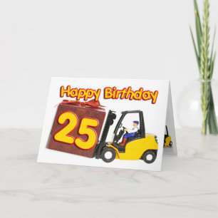 25e verjaardagskaart met een vorkheftruck kaart