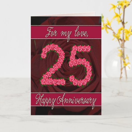 25e verjaardagskaart met rozen en bladeren kaart (Gele Bloem)