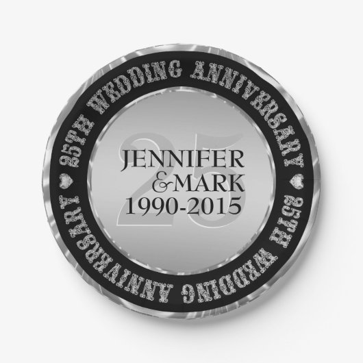 25e weddenschap Jubileum metallisch zilver en zwar Papieren Bordje (Voorkant)