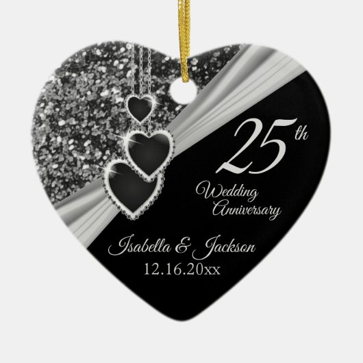 25e Zilver Glitter Jubileum Keramisch Ornament (Voorkant)