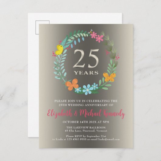 25e Zilveren Bruiloft Jubileum Bloemenuitnodiging Uitnodiging Briefkaart (Voorkant / Achterkant)