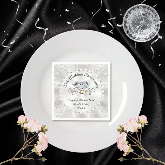 25e zilveren bruiloft Jubileum servetten, 3 maten Servet