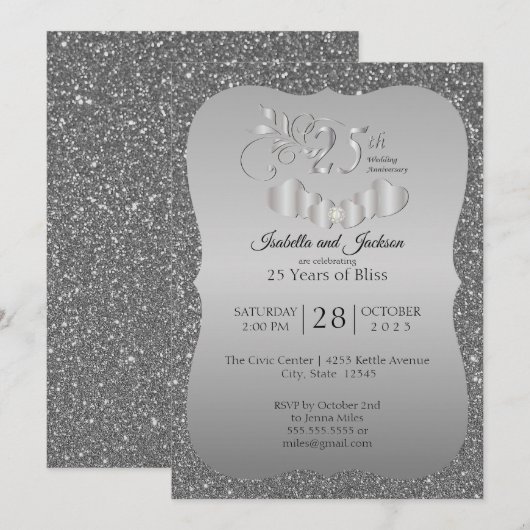 25e Zilveren Glitter-jubileum Kaart (Voorkant / Achterkant)