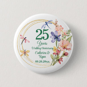 25e zilveren huwelijksjubileum Gouden lijst bloeme Ronde Button 5,7 Cm