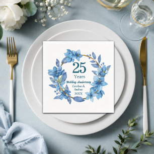 25e zilveren huwelijksjubileum met blauwe bloemen servet