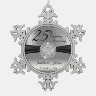 25e zilveren huwelijksjubileum tin sneeuwvlok ornament
