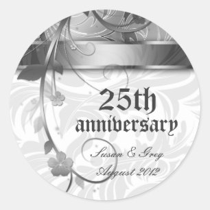 25e Zilveren Jubileum Bloemen Ronde Sticker