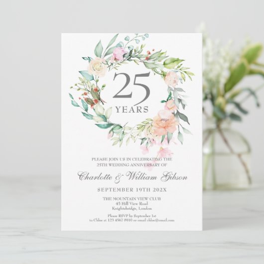 25e Zilverweddenschap Jubileum Rozen Garland Kaart (Staand voorkant)