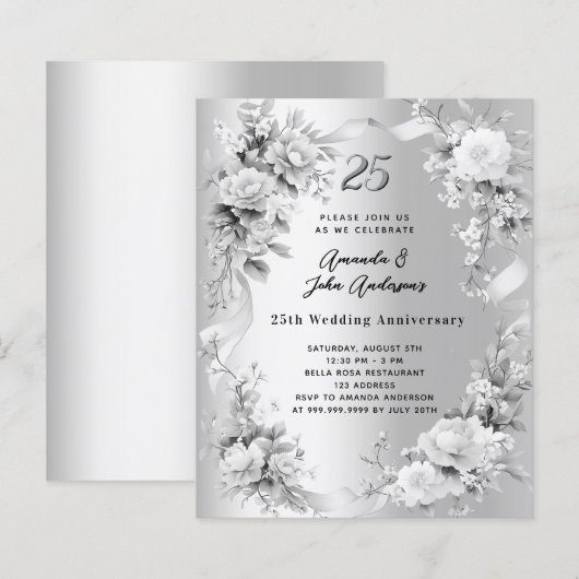 25ste huwelijksverjaardag Zilveren Bloemen Uitnodi (Voorkant / Achterkant)
