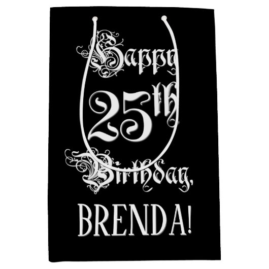 25th Birthday: Fancy, Elegant Script + Custom Name Medium Cadeauzakje (Voorkant)