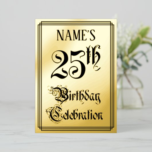 25th Birthday Party — Elegant Script + aangepaste  Folie Uitnodiging (Staand Voorkant)