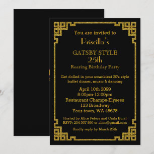25th, Birthday party, Gatsby-stijl, zwart en goud Kaart