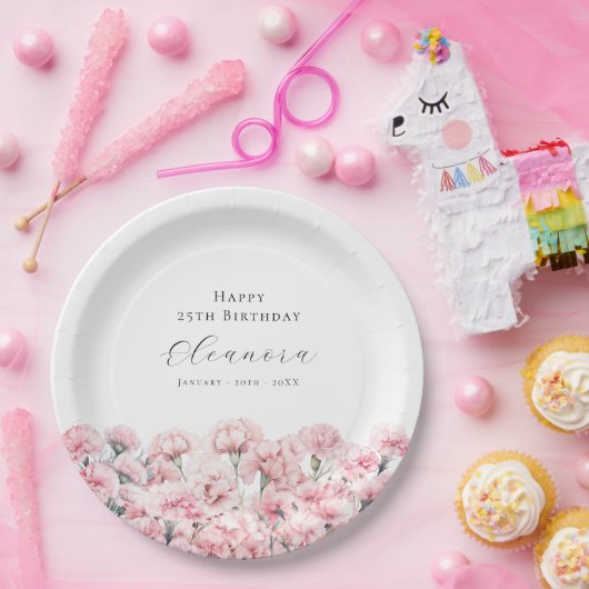 25th Birthday Pink Carnation January Birth Flower Papieren Bordje (Feest)