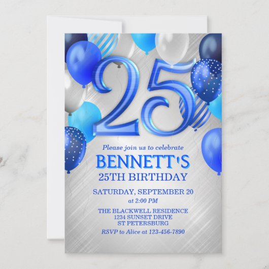25th Mens Blue Anniversaire Invitation (Devant)