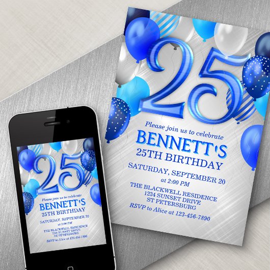 25th Mens Blue Anniversaire Invitation