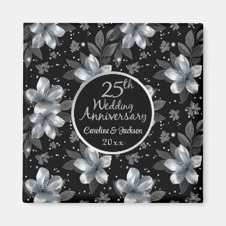 25th Silver Glitter Floral Wedding Jubileum Magneet