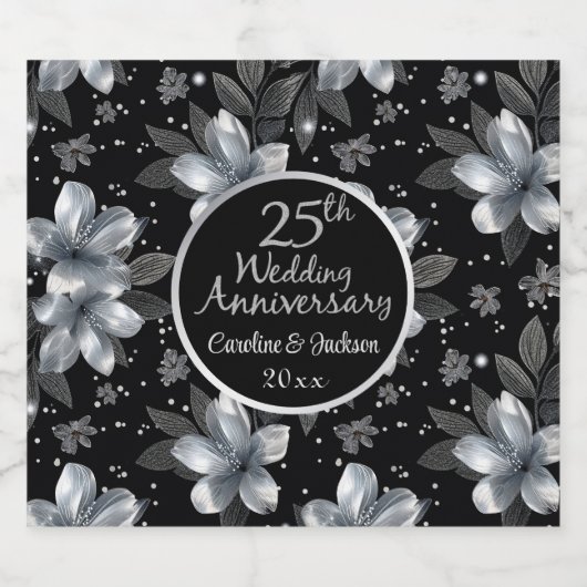 25th Silver Glitter Floral Wedding Jubileum Sparkling Wijnetiket (Enkel label)
