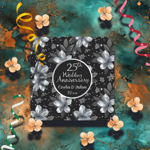 25th Silver Glitter Floral Wedding Jubileum Vierkante Kartonnen Onderzetter
