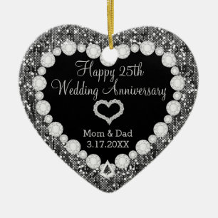 25th Silver Glitter Wedding Jubileum Keepslag Keramisch Ornament