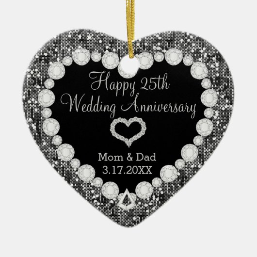 25th Silver Glitter Wedding Jubileum Keepslag Keramisch Ornament (Voorkant)