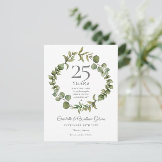 25th Silver Jubileum sparen de Datum Greenery Aankondigingskaart (Staand voorkant)