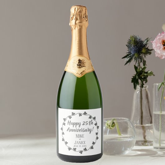 25th Silver Wedding Jubileum Ivy Krans Sparkling Wijnetiket