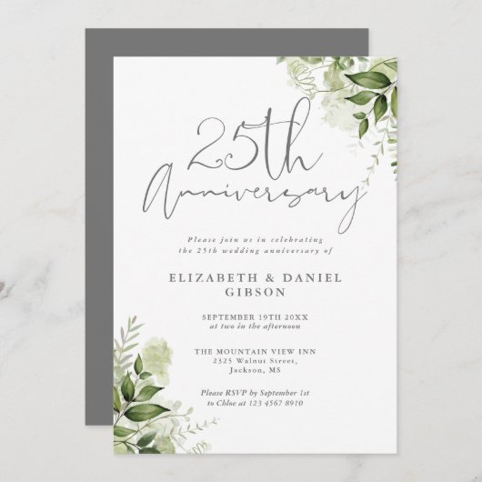 25th Wedding Anniversary Greenery Silver Script Kaart (Voorkant / Achterkant)