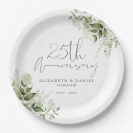 25th Wedding Anniversary Greenery Silver Script Papieren Bordje
