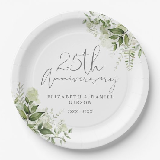 25th Wedding Anniversary Greenery Silver Script Papieren Bordje (Voorkant)