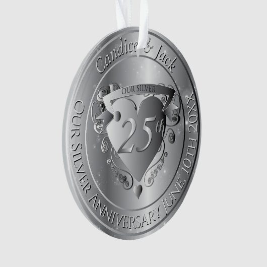 25th Wedding Anniversary Silvery Heart Ornament (voorkant)