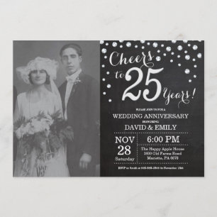 25th Wedding Jubileum Chalkboard Black Silver Kaart