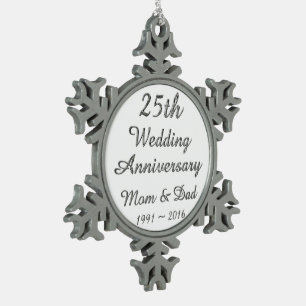 25th Wedding Jubileum Chic Silver Typografie Tin Sneeuwvlok Ornament