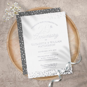 25th Wedding Jubileum Hearts Confetti Silver Folie Uitnodiging