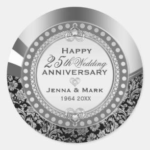 25th Wedding Jubileum Ornament Black & Silver Ronde Sticker