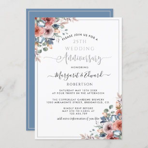 25th Wedding Jubileum, Silver Blue Blush Floral Kaart