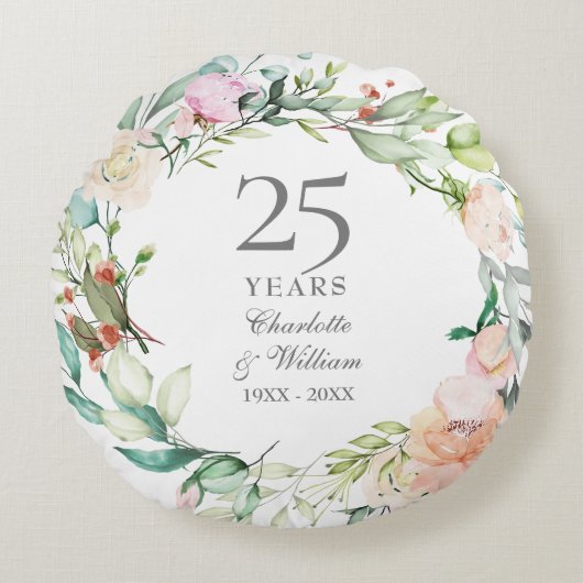 25th Wedding Jubileum Silver Foto Rozen Floral Rond Kussen (Voorkant)