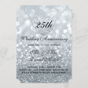 25th Wedding Jubileum Silver Glitter Heart Kaart