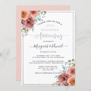 25th Wedding Jubileum, Silver Mint Peach Floral Kaart