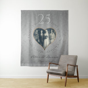 25th Wedding Jubileum silvery Foto Heart Wandkleed